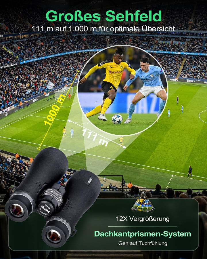 Rollei Fernglas 12x50 Pro Binoculars für Erwachsene Brillenträger mit 12X Vergrösserung & FMC-Linsen