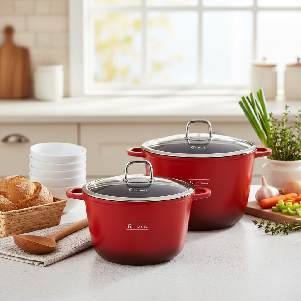 GOLDMANN Modern Rot 24 CM (6.2L) Aluguss-Kochtopf/Suppentopf mit Glasdeckel, Marmor-Keramik-Antihaft