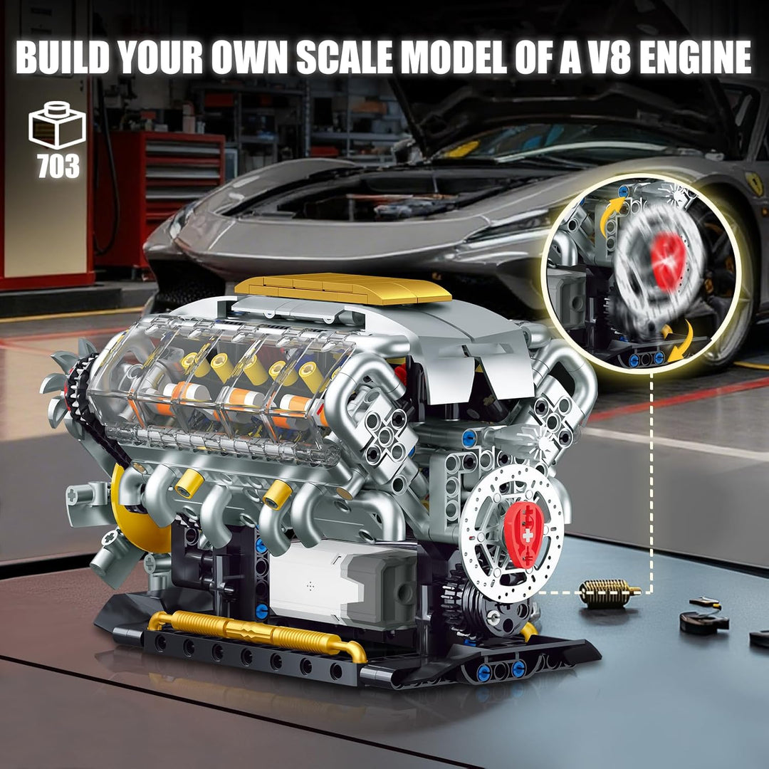 QLT QIAOLETONG Ideas V8-Motor-Bausatz für Erwachsene, Bauen Sie Ihr eigenes MOC-Mini-V8-Motor-Modell