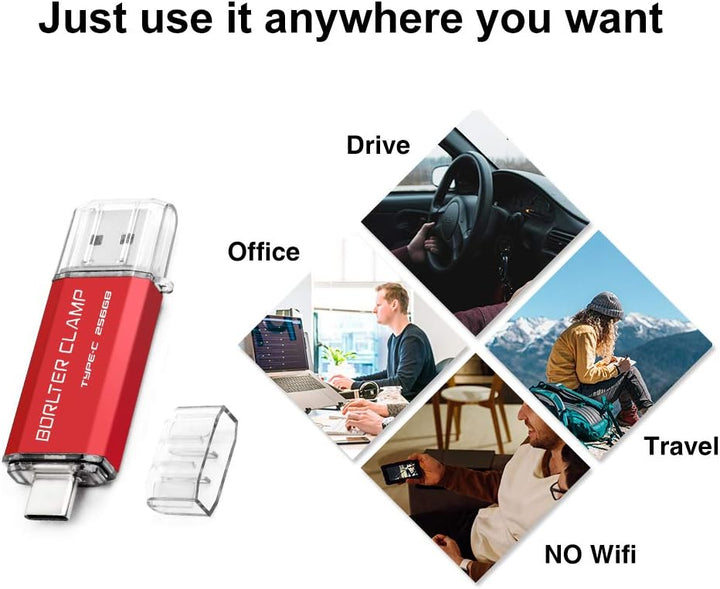 BORLTER CLAMP Type C USB-Stick 256GB OTG 2 in 1 Speicherstick Dual-Port USB 3.0 Flash-Laufwerk mit U
