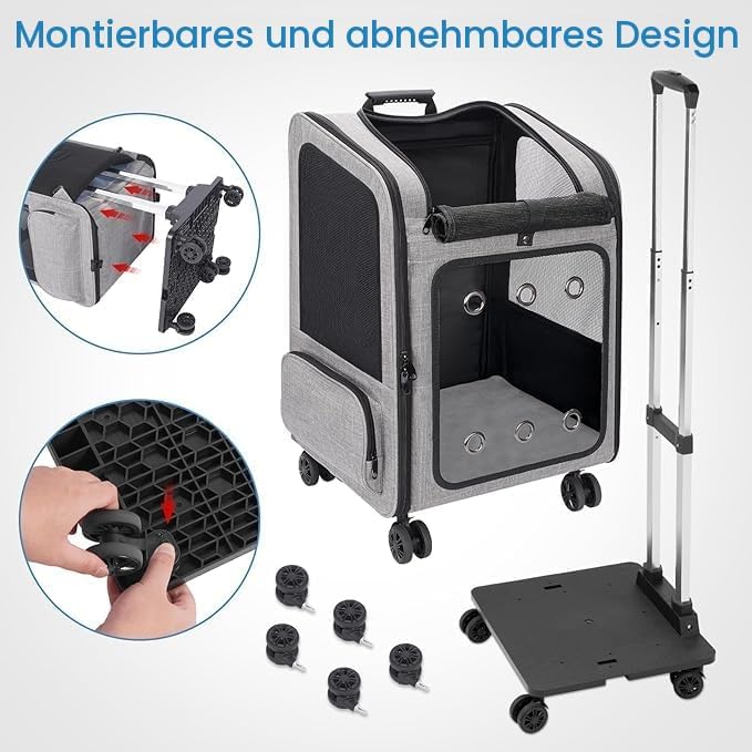 Grosser Hundetransportbox mit Rollen, Faltbarer Transportbox Katze Gross, Hunderucksack bis 15 kg, T