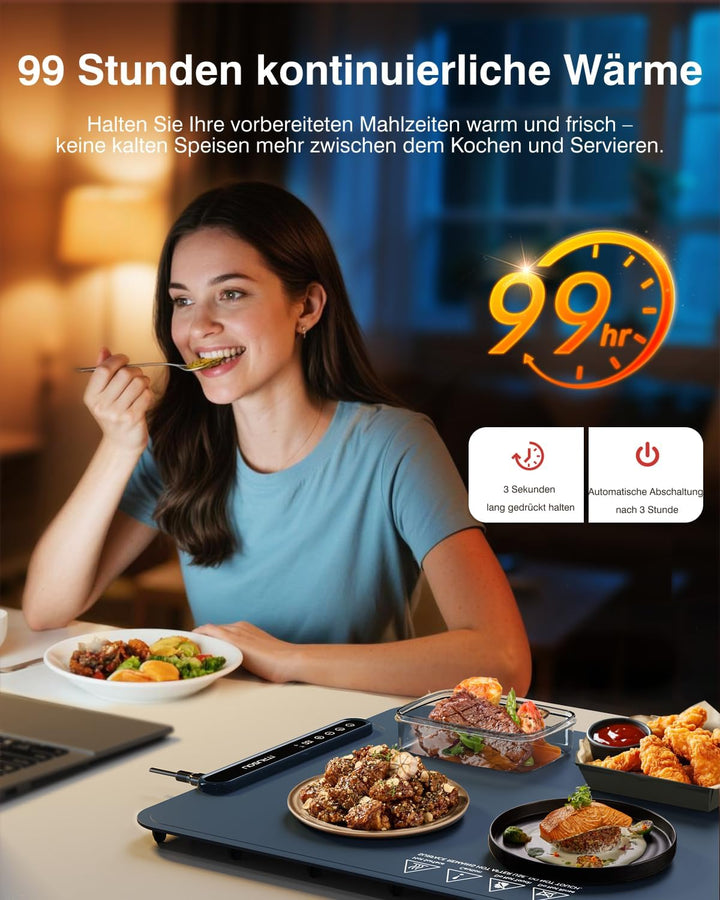 Warmhalteplatte Elektrisch – Flexibler Speisenwärmer & Wärmebehälter für Speisen, 1–99h Timer, 7 Tem