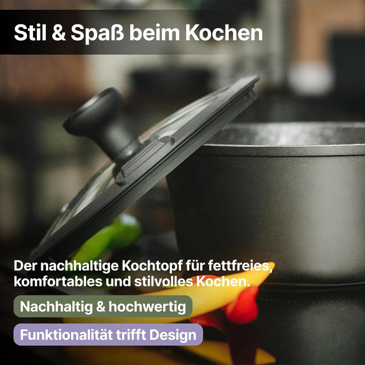 FIVI SOPHIA Kasserolle 18 cm | Induktion geeignet | 100% recyceltes Aluminium | Glasdeckel mit Silik