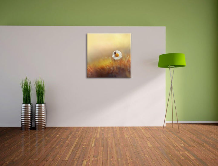 Pixxprint Gänseblümchen mit Marienkäfer als Leinwandbild | Grösse: 70x70 cm | Wandbild | Kunstdruck