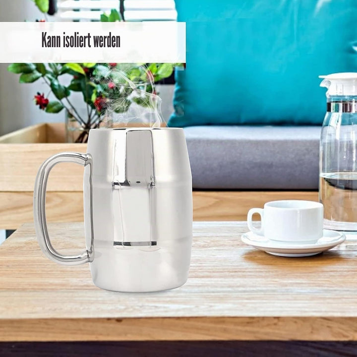 2 Stück Edelstahl Bierkrug, Metall Doppelwand Bierkrug Fass Bierkrug Reisebecher mit Griff Kaffeetas