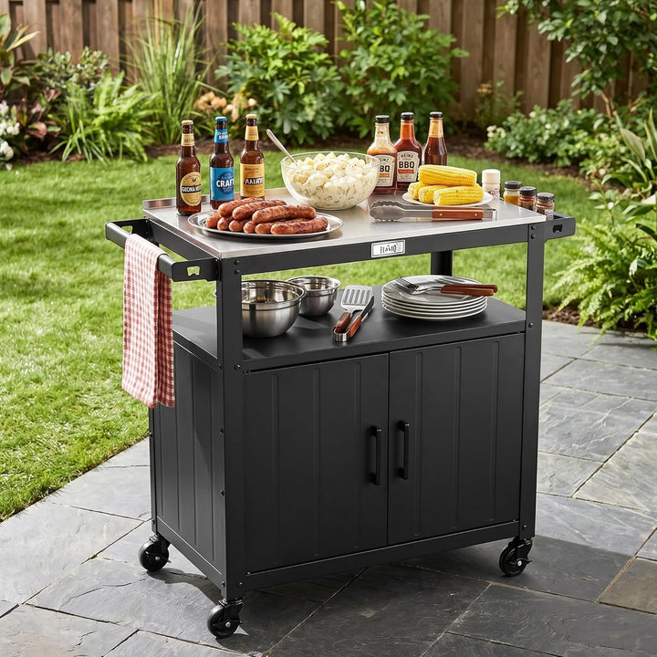 Feasto Servierwagen mit Rollen, Grillwagen mit Schrank, Edelstahlplatte, Outdoor Küche für Terrasse