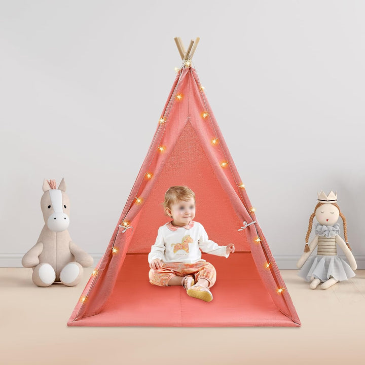 Tipi Zelt für Kinder, Spielzelt Kinder mit weicher Matte & Lichterkette, 1,4m hohes Kinderzelt aus B