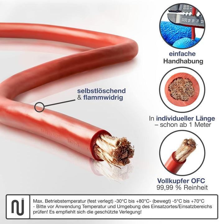 EBROM Batteriekabel „DIY SET" PLUS Kabel ROT - 50 mm² von 30 cm bis 10 Meter, Ringösen Kabelschuhe M