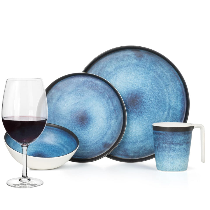 Melamin Camping Geschirr Set 4 Personen Deep Ocean + 4 Timo Rotwein Gläser Rot Weingläser Tafelgesch
