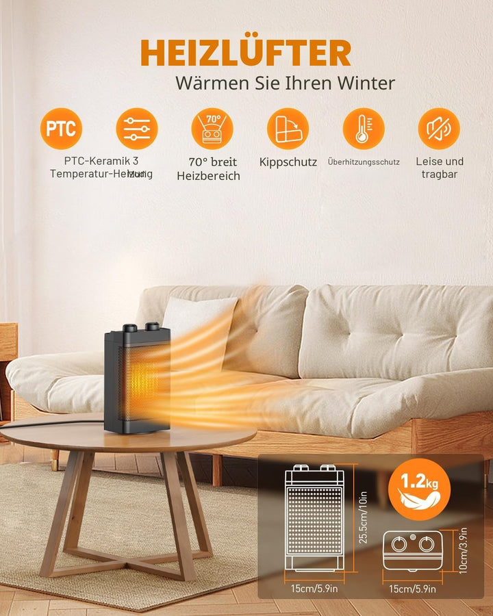 Heizlüfter Energiesparend, 1500W 3 Heizmodi Keramik Elektrische Heizung, 70° oszillierend, Berhitzun