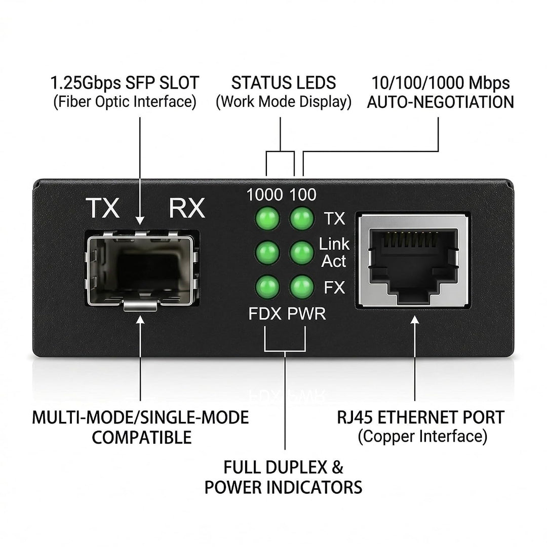 Gigabit-SFP-LC-Singlemode-Modul Glasfaser-zu-RJ45-Ethernet-Medienkonverter | 10/100/1000Base-TX auf