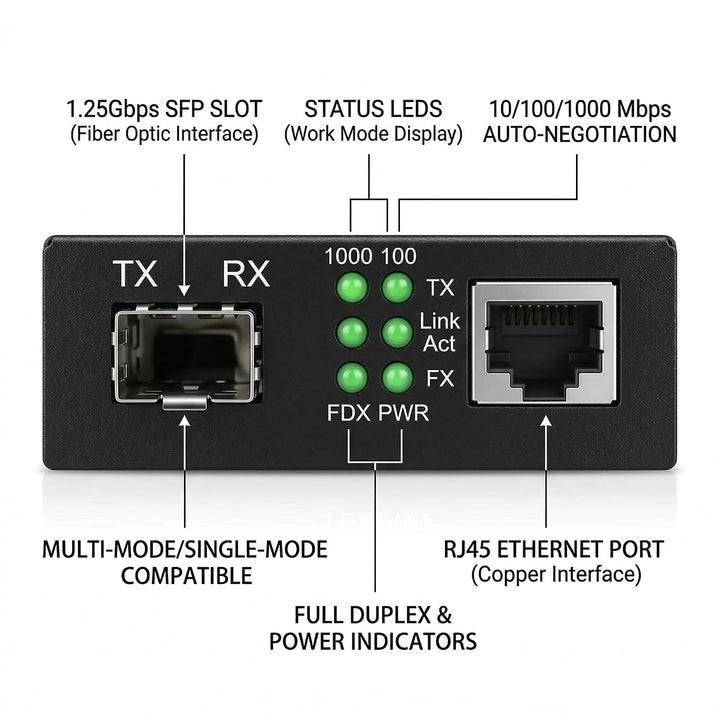 Gigabit-SFP-LC-Singlemode-Modul Glasfaser-zu-RJ45-Ethernet-Medienkonverter | 10/100/1000Base-TX auf