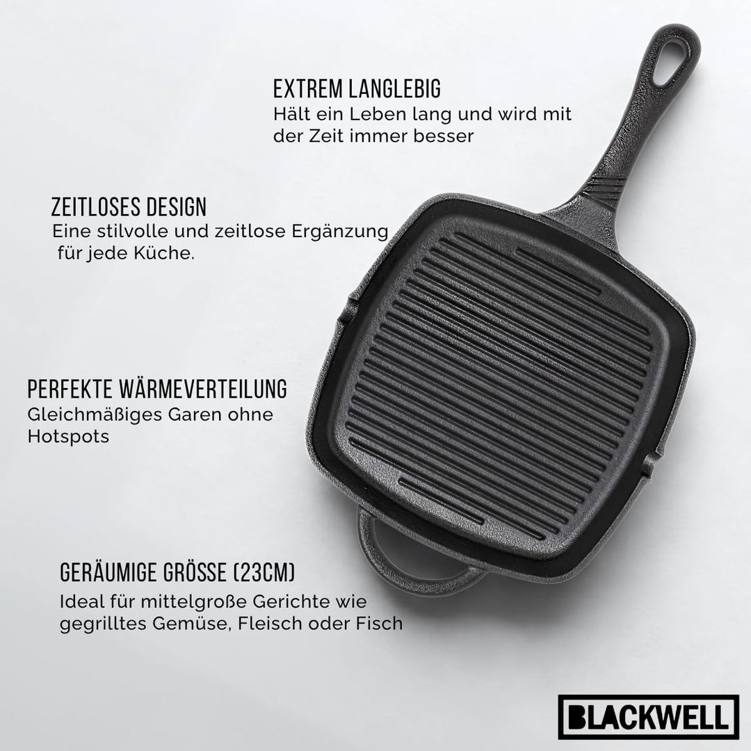 Blackwell Grillpfanne | Gusseisen | 23 x 23 cm | Ohne Antihaftbeschichtung | Alle Herdarten Grillpfa