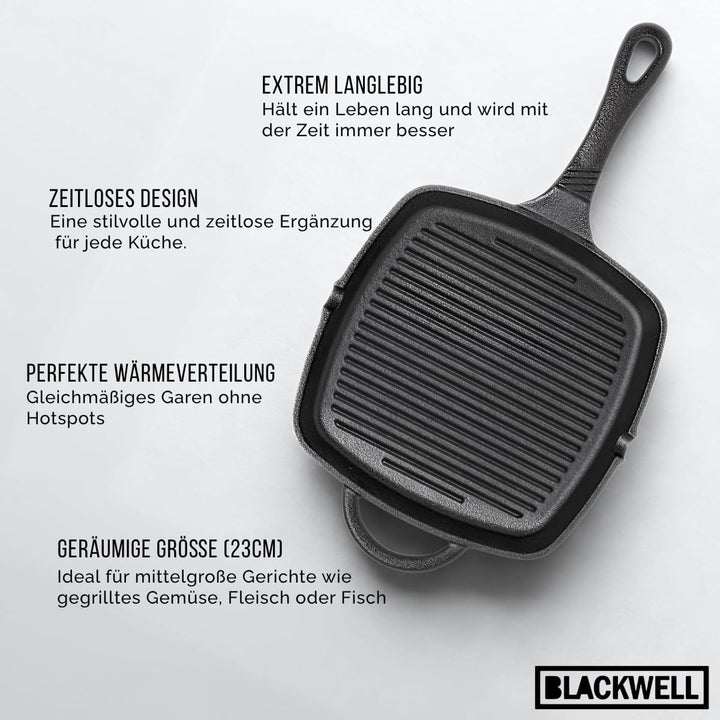 Blackwell Grillpfanne | Gusseisen | 23 x 23 cm | Ohne Antihaftbeschichtung | Alle Herdarten Grillpfa