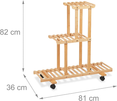 Relaxdays Pflanzenregal, Blumenständer mit 3 Ablagen, Bambus, HxBxT 82 x 81 x 36 cm, rollbar, Blumen