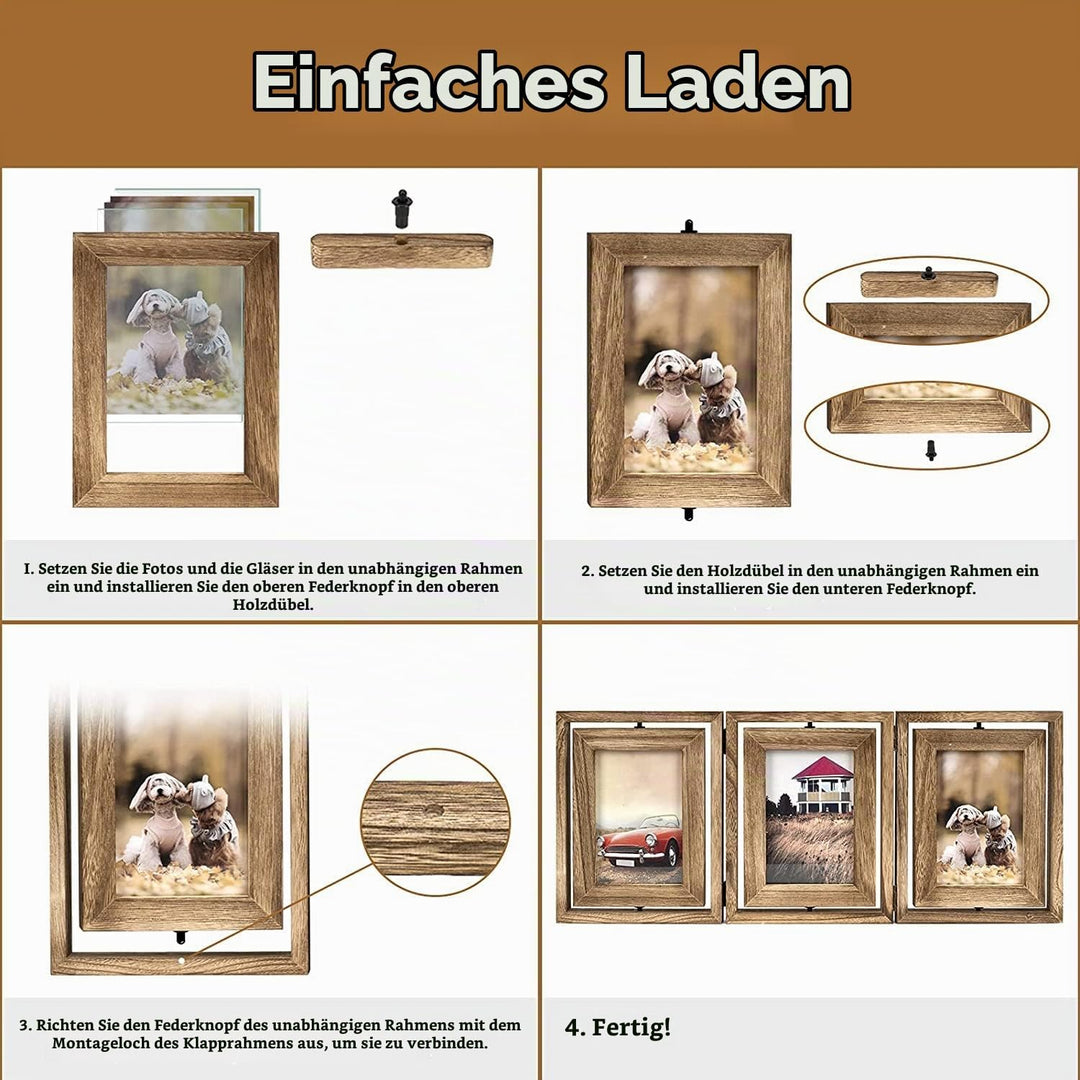 Emfogoo Bilderrahmen 10x15, Rustikal Holz 3 Falten Fotorahmen mit Doppelseitigem Display Drehbar Bil
