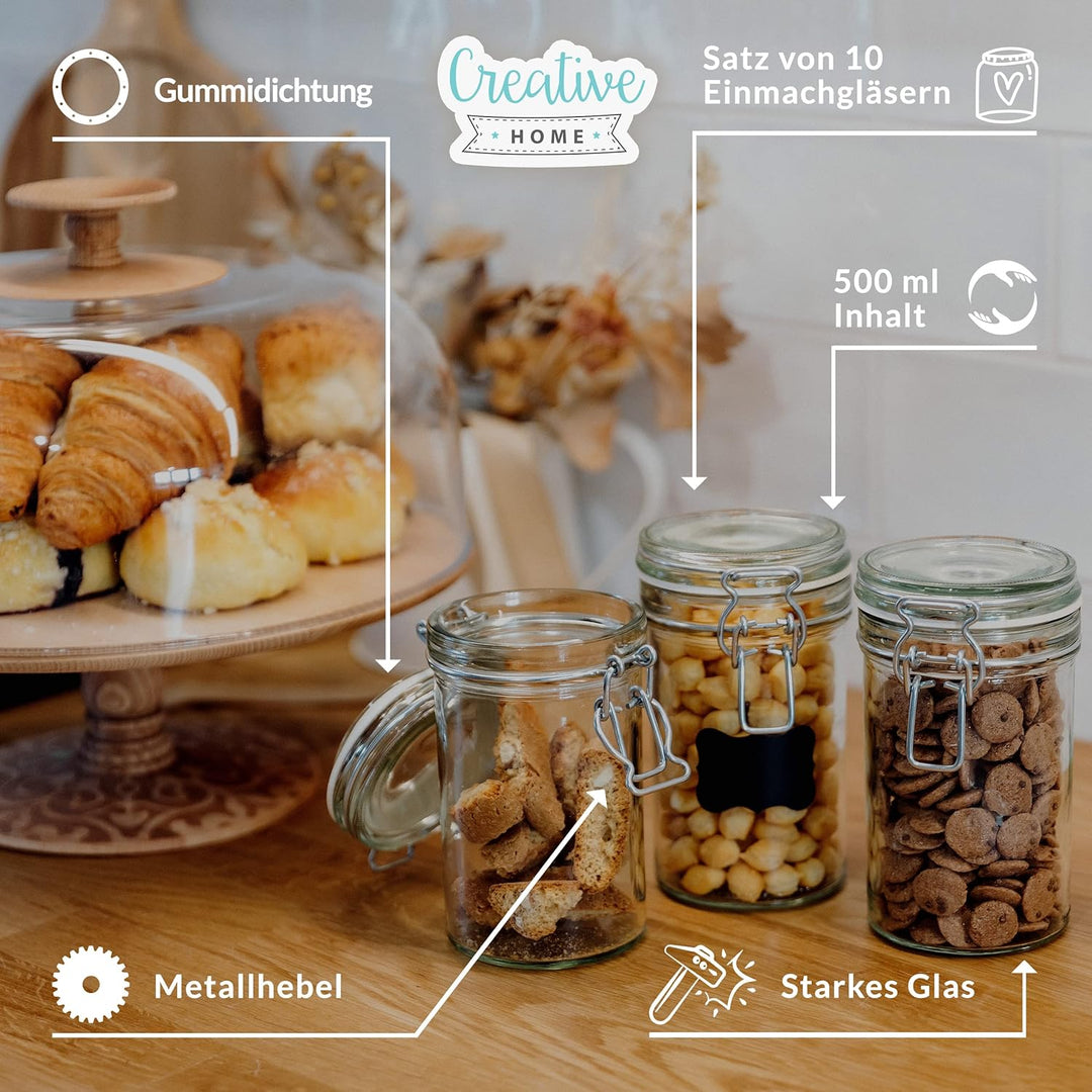 Creative Home 10 x Einmachgläser mit Bügelverschluss | 500ml x 10 Teilig | Vorratsgläser mit Deckel