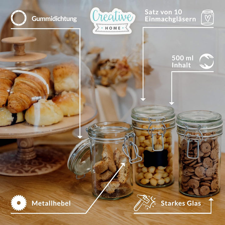 Creative Home 10 x Einmachgläser mit Bügelverschluss | 500ml x 10 Teilig | Vorratsgläser mit Deckel