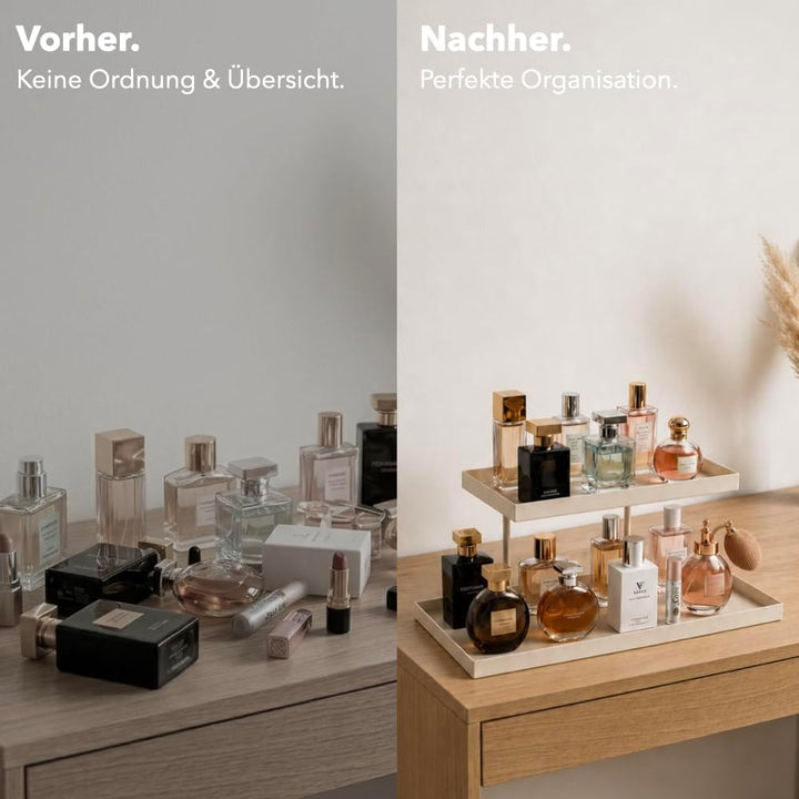 Parfüm Organizer aus Metall &amp; Kunstleder I Montagefreier Kosmetik Organizer für Schminktisch und Bad