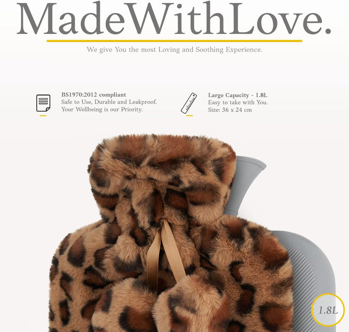 Qomfor Hot Water Bottle with Fluffy Cover - Soft Premium Faux Fur Cover - 1.8L Large Capacity - Hot