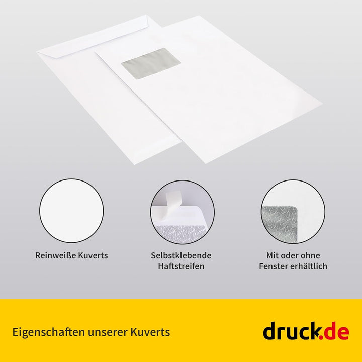 250 Briefumschläge - C4 Tasche mit Fenster - 229x324 mm - weisse Papierumschläge - selbstklebend - U