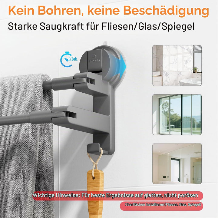 COCASES Handtuchhalter Saugnapf ohne Bohren Bad Handtuchstange Doppelt für Duschwand ohne Kleben Tow