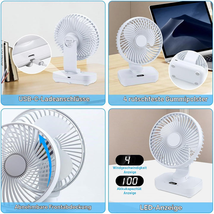 USB Tischventilator Oszillierend, Mini Ventilator Sehr Leise mit 4000mAh Batterie, Persönlicher Tisc