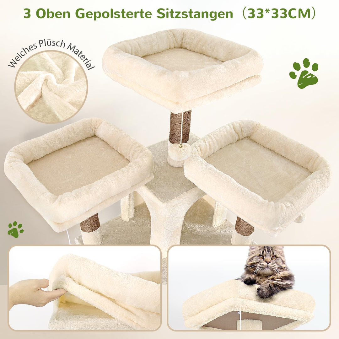 Globlazer Beige Kratzbaum Stabil 174 cm mit 3 Gepolsterte Sitzstangen, 2 Katzenhaus, 2 Korb, Abnehmb