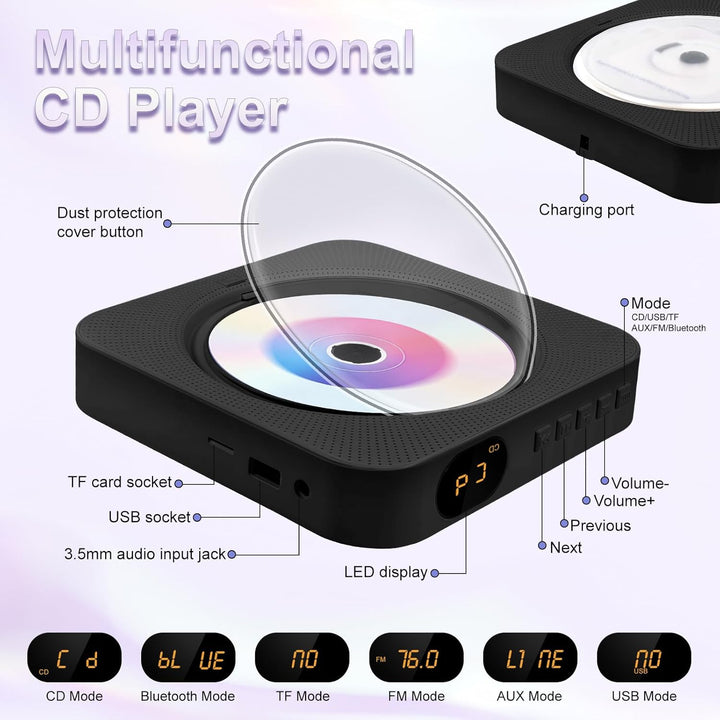 Tragbarer Desktop-CD-Player mit mit Staubschutz – Wandmontierbarer CD Player Bluetooth Eingebaute Do