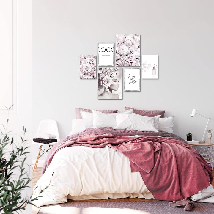 Novart Wandbilder Set Coco Fashion Grau Rosa - KEIN EXTRA RAHMEN BENÖTIGT - Modern Deko - Wohnzimmer