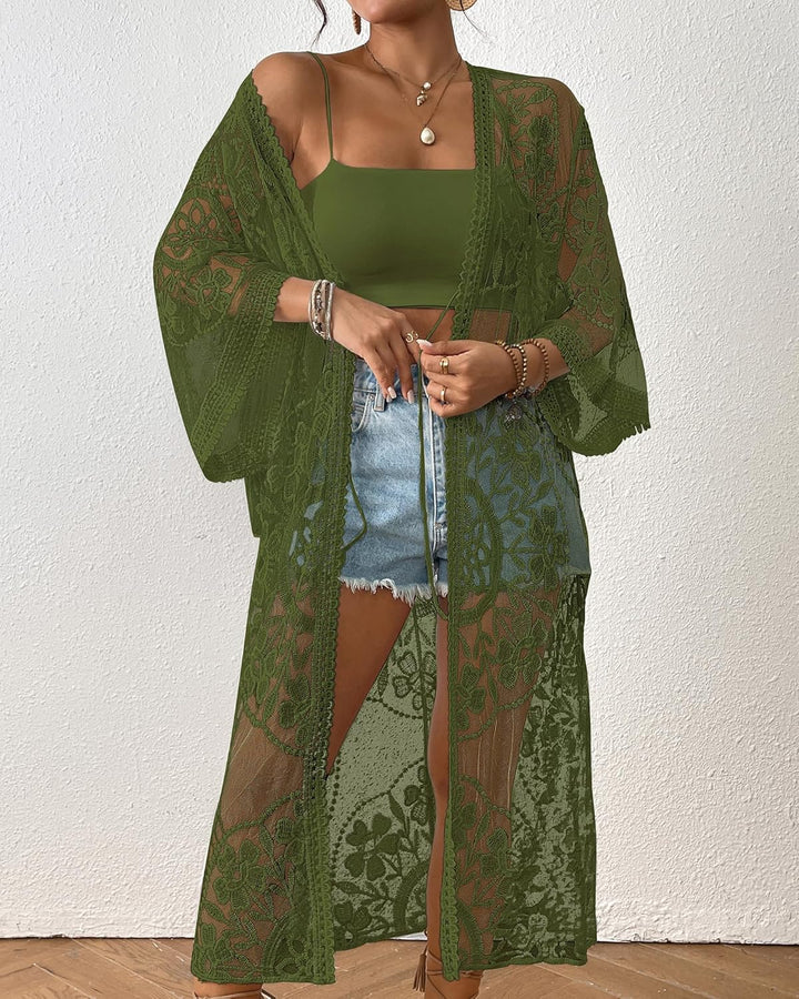 Bsubseach Damen Sexy Lace Crochet Open Front Badeanzug Strand Lange Kimono Cover Ups D-armee Grün, D
