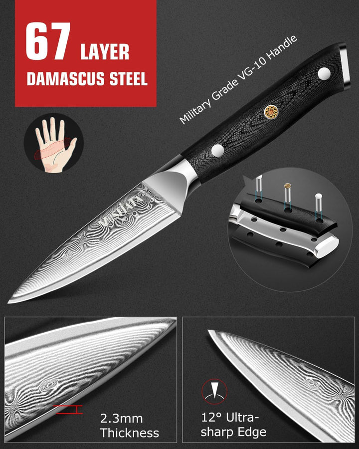 MOSFiATA 3,5 Zoll Damast Schälmesser Obstmesser Scharf Gemüsemesser, VG10 Damaszener Stahl, Geschenk