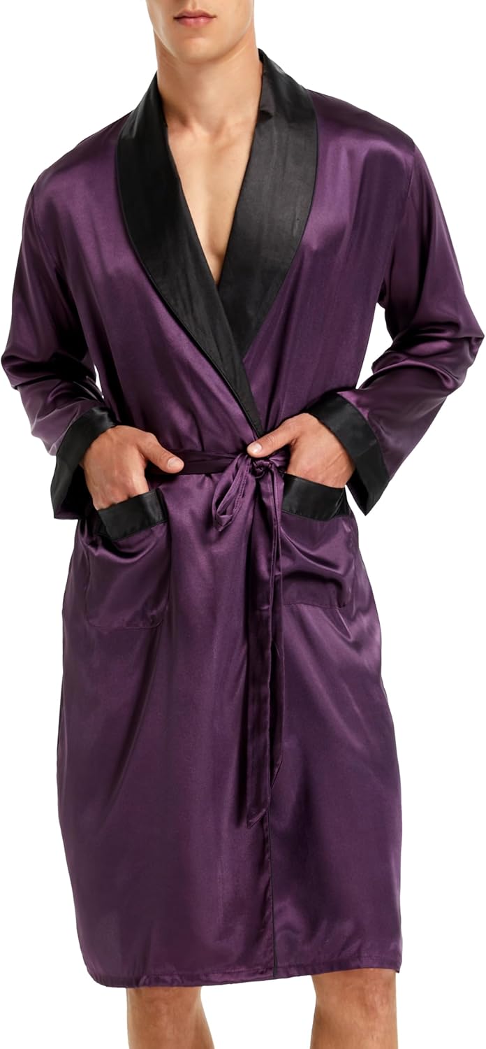 Herren Satin Bademantel, Leichter Seiden Langarm Bademantel mit Shorts Set, Spa Kimono Nachtwäsche M