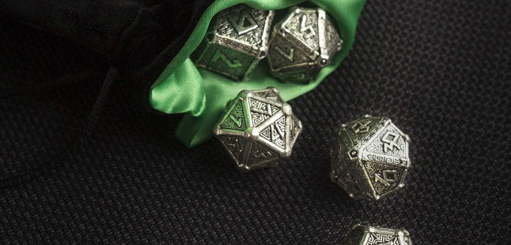 Q WORKSHOP Metal Mythical 7 Polyhedral Ornamented Dice Set Mythical 7 Polyhedral Pieces, Mythical 7