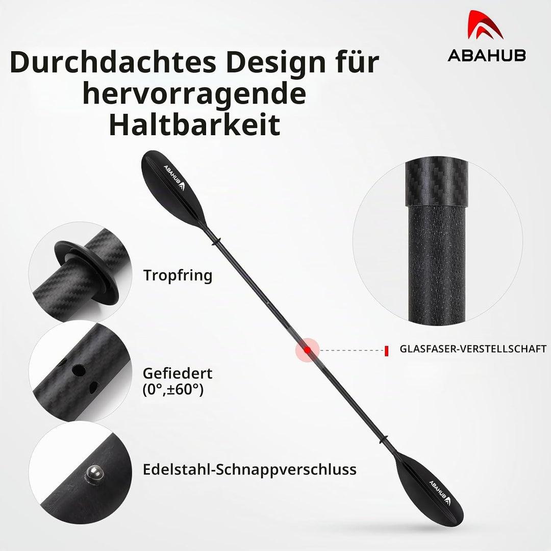 Abahub Carbon Kajak Paddel 230cm/220-240cm verstellbar, mit Paddelleine | Für Kajakfahren, Ruderboot