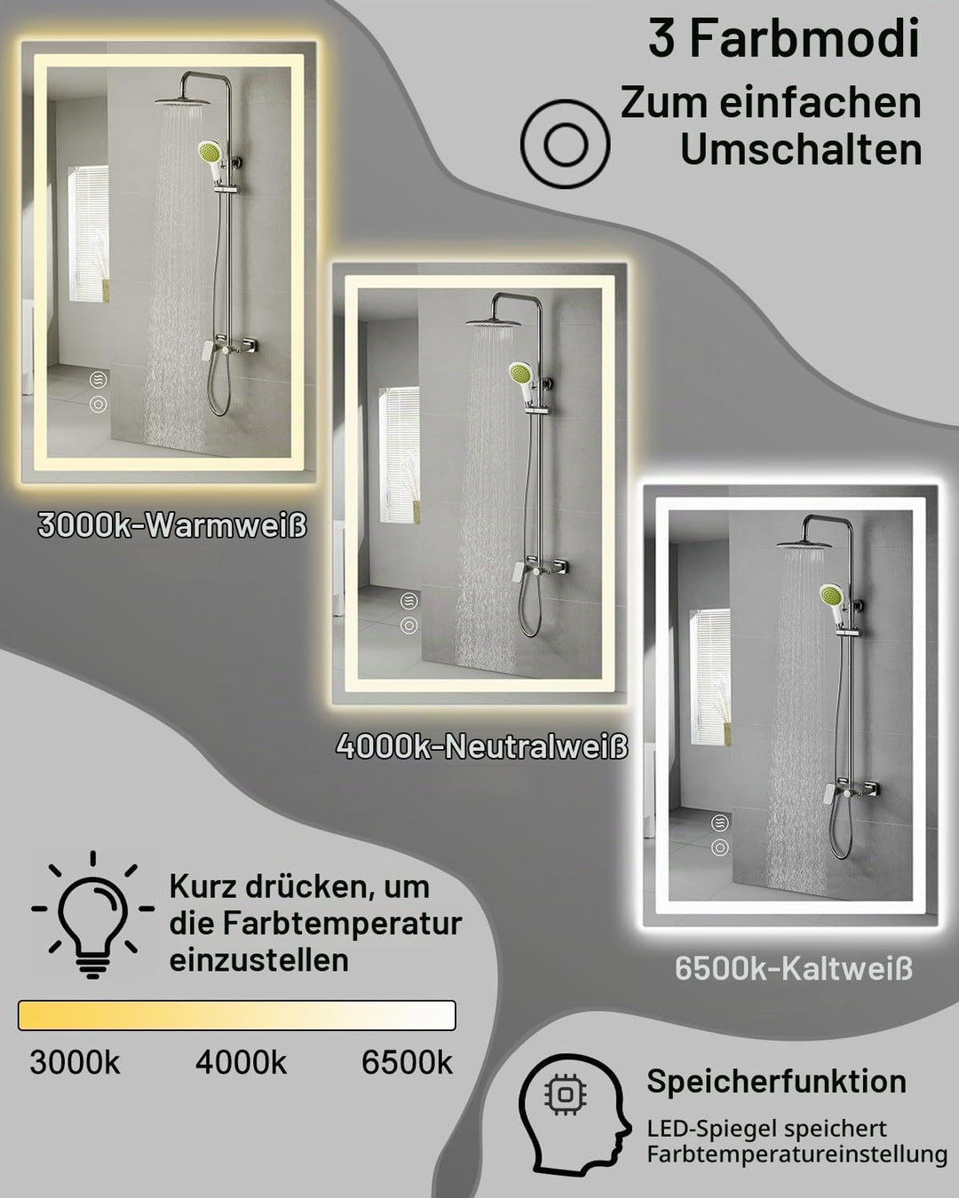 LED Spiegel mit Beleuchtung, 50x70cm Badezimmerspiegel mit Touchschalter, Anti-Fog, Dimmbar Licht 3
