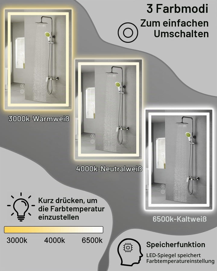 LED Badspiegel, 40x60cm Badezimmerspiegel mit Antibeschlag, Spiegel mit Beleuchtung mit Touchschalte