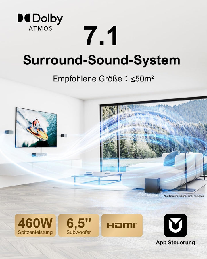 ULTIMEA 7.1 Surround Sound System für TV mit Dolby Atmos, App Steuerung, 4 kabelgebundene Surround-L