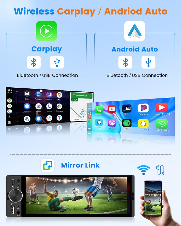 Hikity 1 DIN Autoradio mit Bluetooth CarPlay Android Auto, 6,28 Zoll Touchscreen-Player Stereo Auto