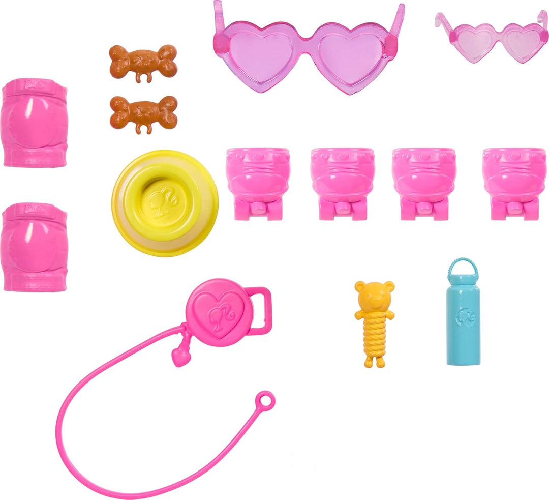 Barbie Brünette „Pets Skate and Run Puppe mit Rollschuh-Hündchen, Leine, passenden Rollschuhen, Sonn