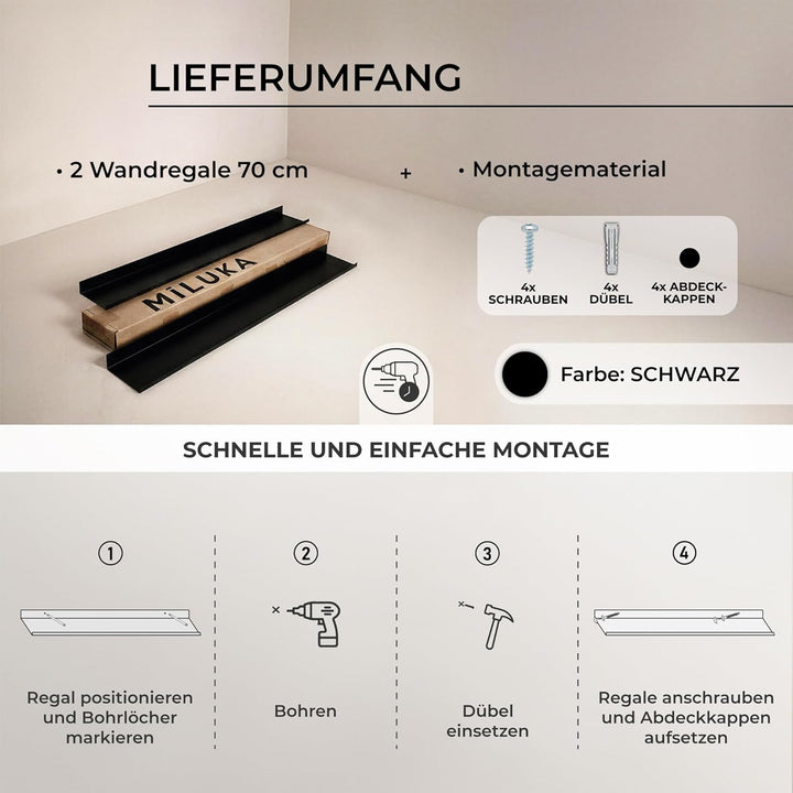 MILUKA Wandregal Schwarz Metall | 2er Set Regal Wand 70 cm Long | Wandboards, Für Dekos, Bilderrahme