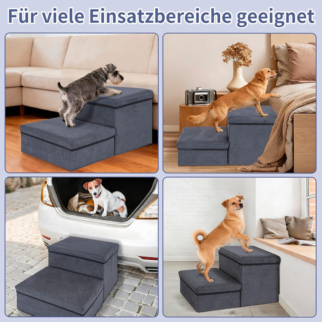 Hundetreppe mit Stauraum, 2 Stufen, faltbar, extra breite Haustierrampe, rutschfeste Hunderampe,Haus