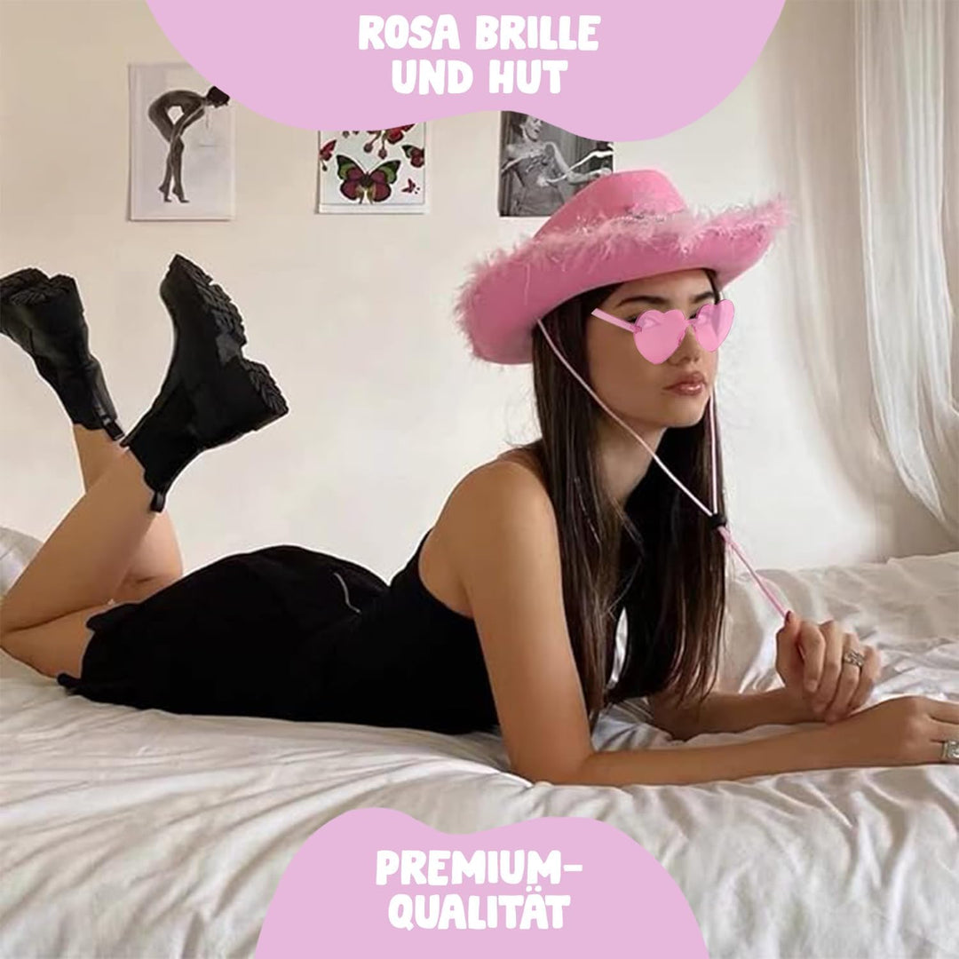 Rosy® Cow Girl Kostüm mit Rosa Hut und Herzförmiger Brille | Western-Stil mit diesem Cowboy Verkleid