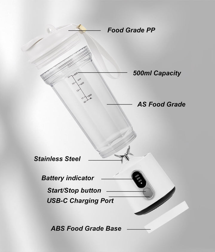 Tragbarer Mixer 500ml für Shakes Smoothies, USB-C Wiederaufladbarer 4000mAh, 6 Edelstahlklingen, Kab