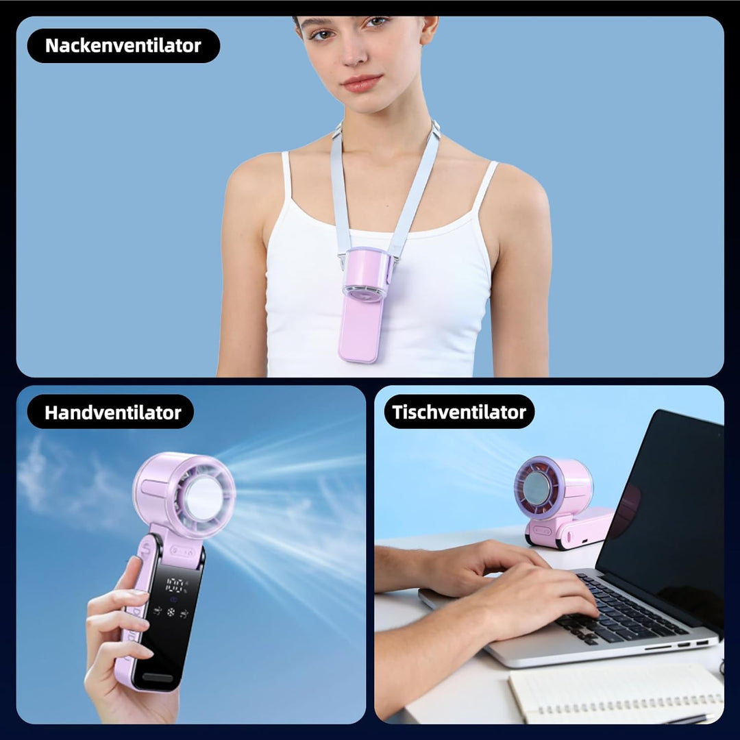Handventilator Akku Aufladbar, Tragbarer Klein Turbo-Ventilator mit 100 Stufen Wind, 3-in-1 Mini Ven