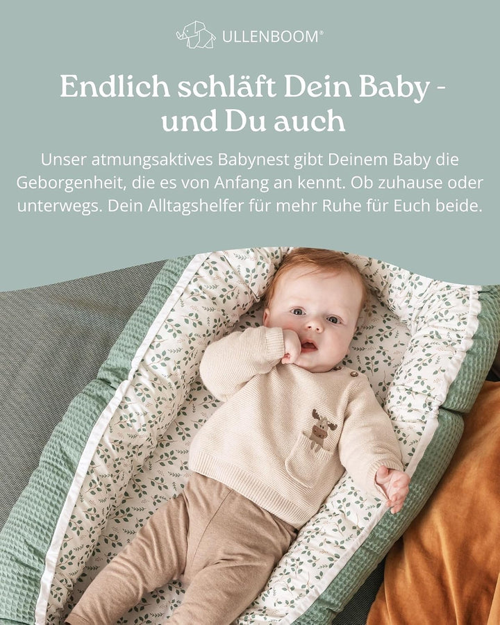 ULLENBOOM ® Babynest & Kuschelnest (55x95 cm) Floral-Grün (Made in EU) - Babynestchen für Neugeboren