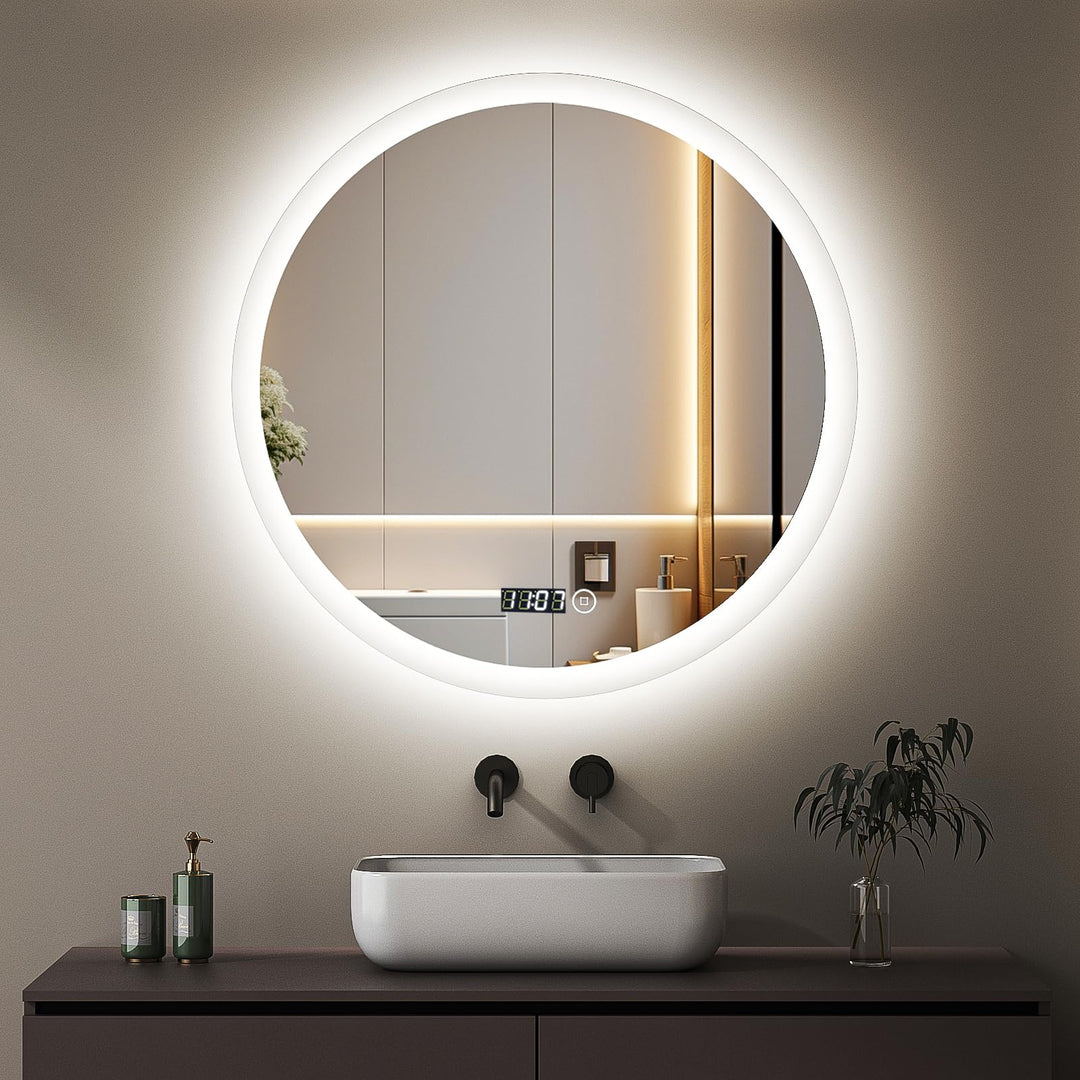 Boromal LED Badspiegel mit Uhr und Beleuchtung 60cm Rund Badezimmerspiegel 3 Lichtfarbe Dimmbar 3000