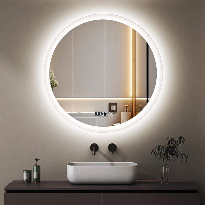 Boromal LED Badspiegel mit Uhr und Beleuchtung 60cm Rund Badezimmerspiegel 3 Lichtfarbe Dimmbar 3000