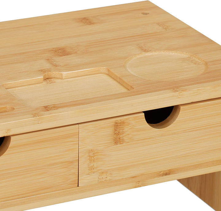 Relaxdays Monitorständer Bambus, 2 Schubladen, Handyhalter, HBT: 17,5x54x31,5 cm, Bildschirmerhöhung
