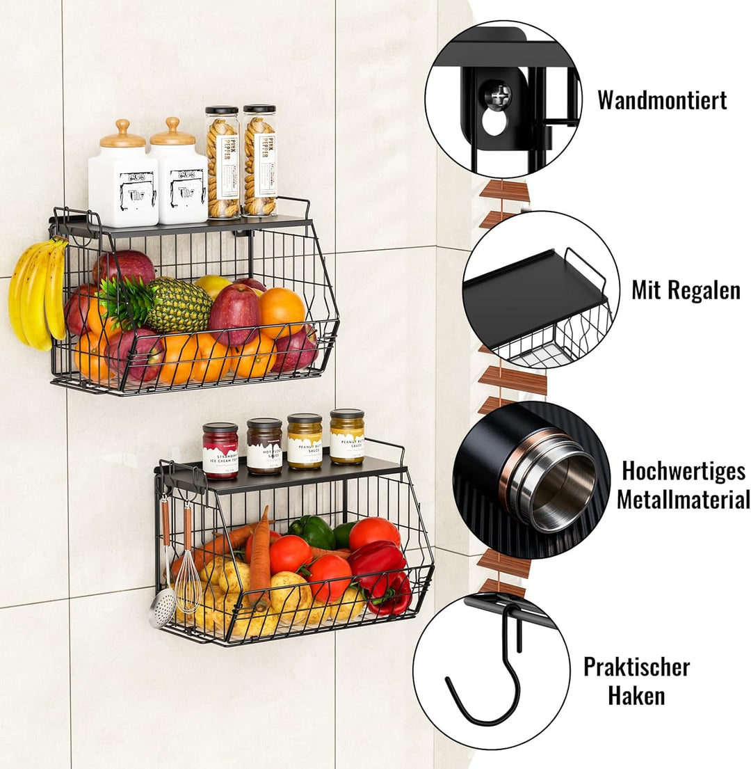 YSD 2-Etagen Metall Obstkorb Hängend, Wand Regal Küche, Gemüseregal - Stapelbarer Küchenorganizer fü